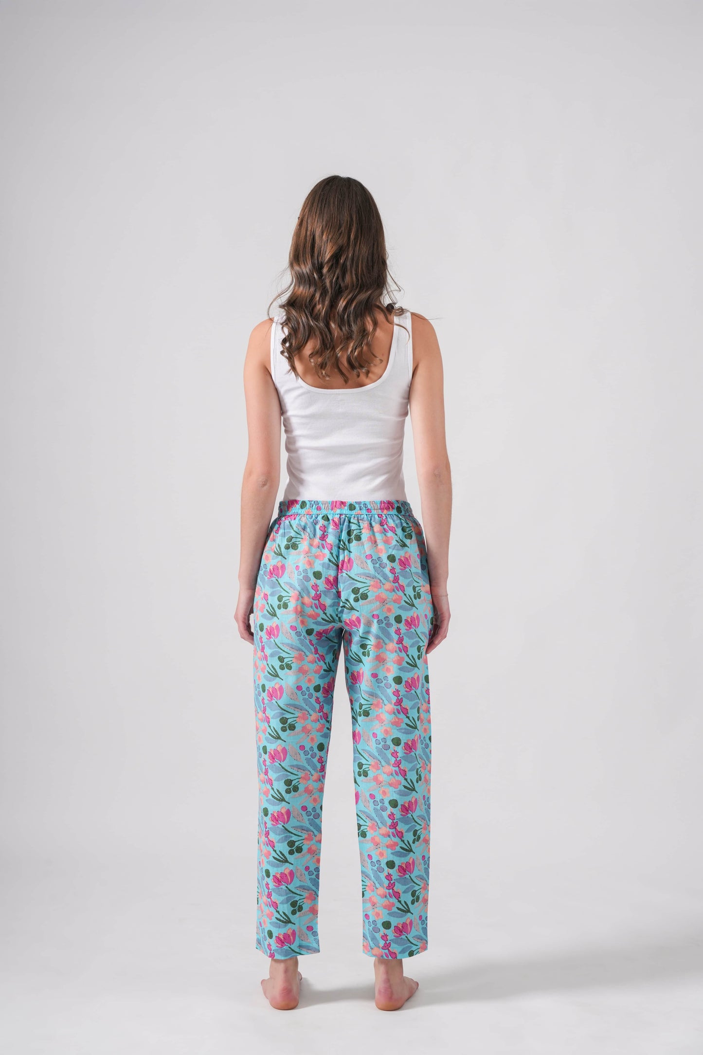 Cotton Pajama Pants Women - Floral Azure