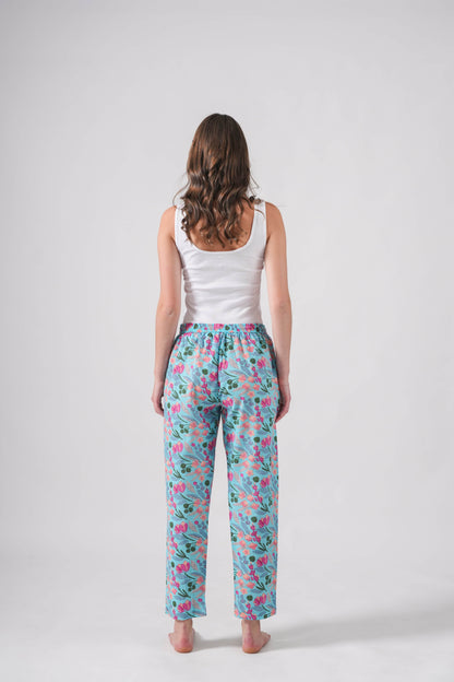 Cotton Pajama Pants Women - Floral Azure