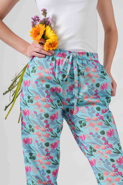 Cotton Pajama Pants Women - Floral Azure