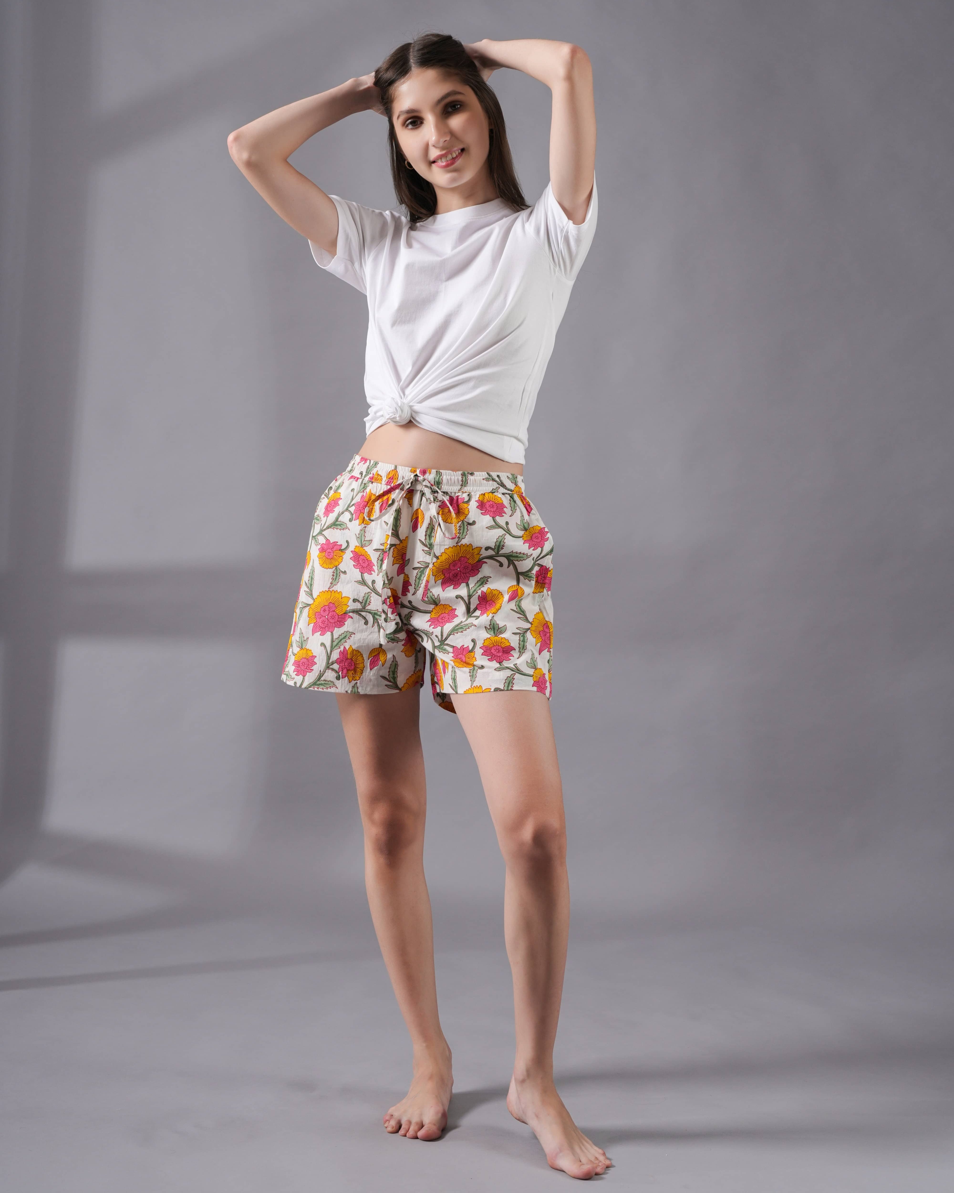Cotton Pajama Shorts Women - Floral Whispers