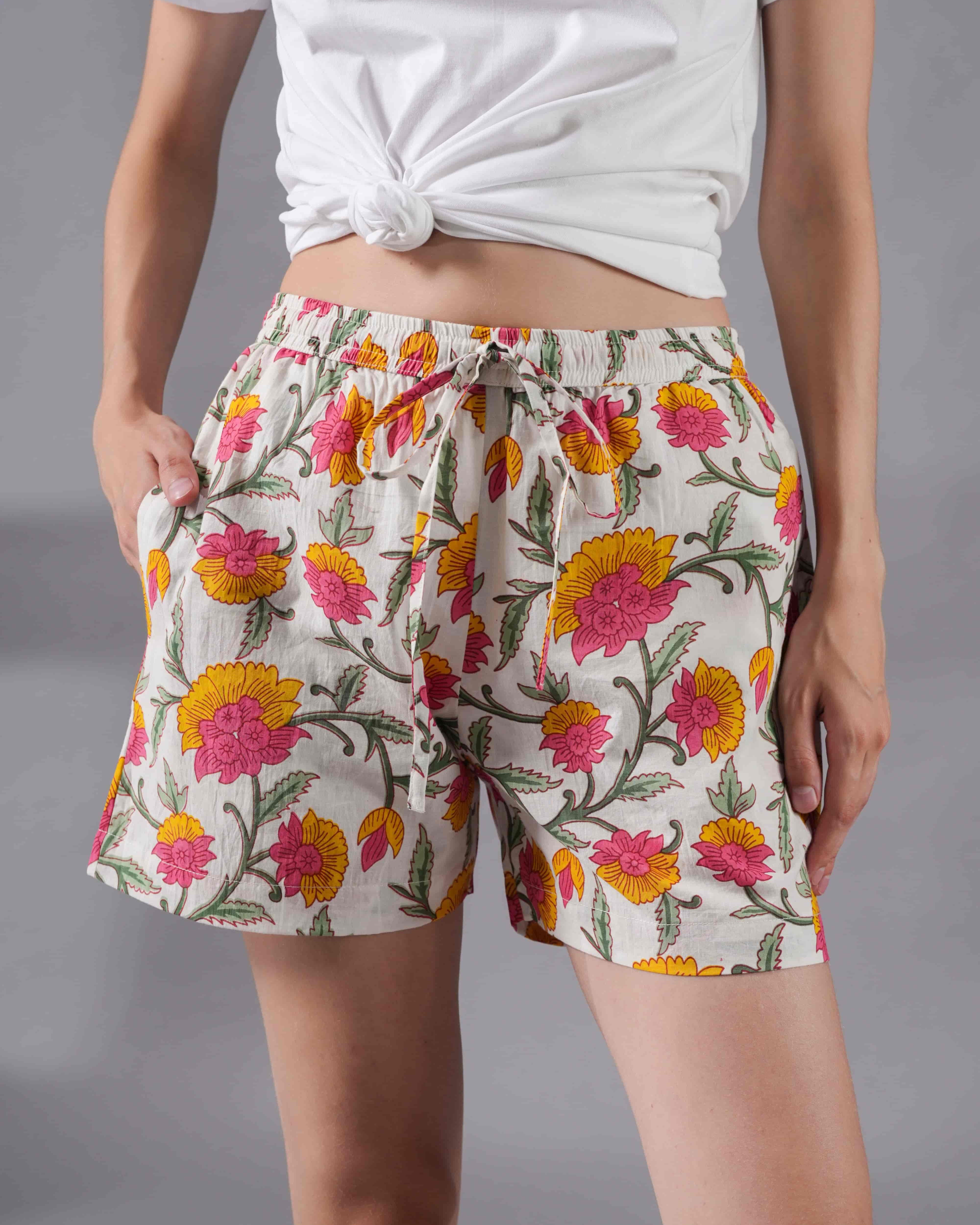 Cotton Pajama Shorts Women - Floral Whispers