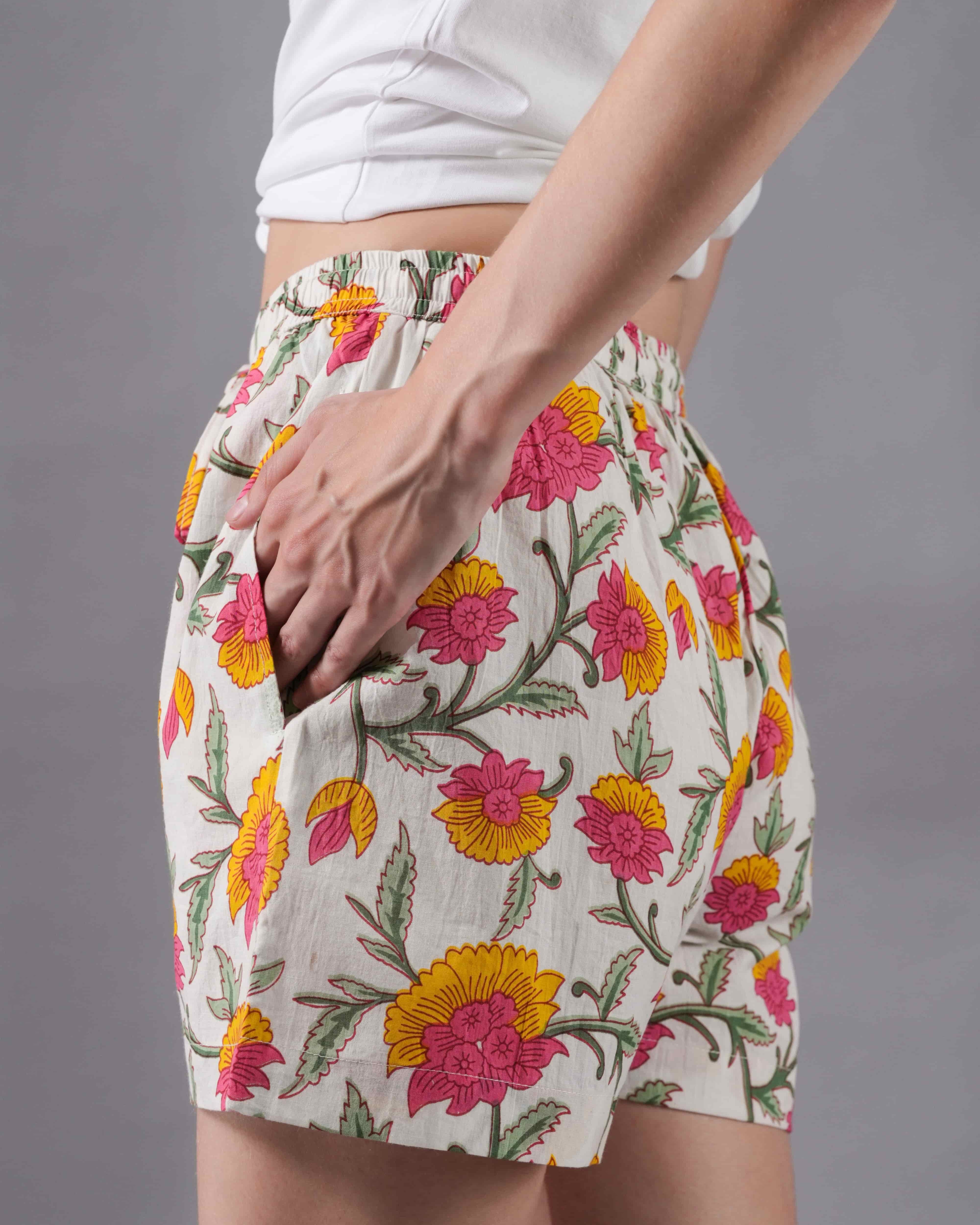 Cotton Pajama Shorts Women - Floral Whispers