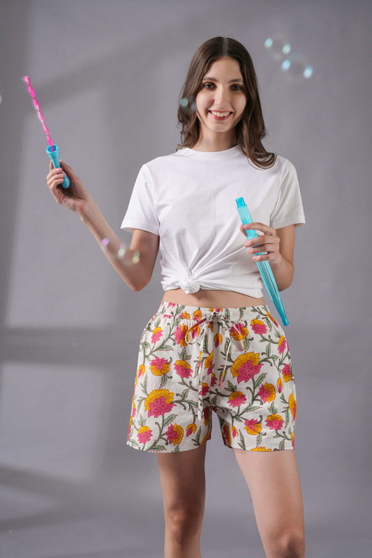Cotton Pajama Shorts Women - Floral Whispers