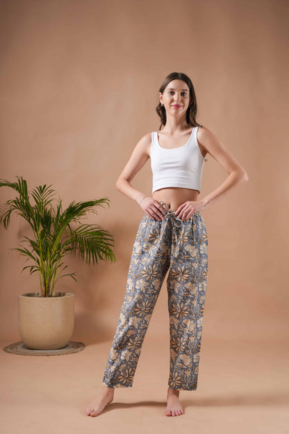Cotton Pajama Pants Women - Charcoal Blooms