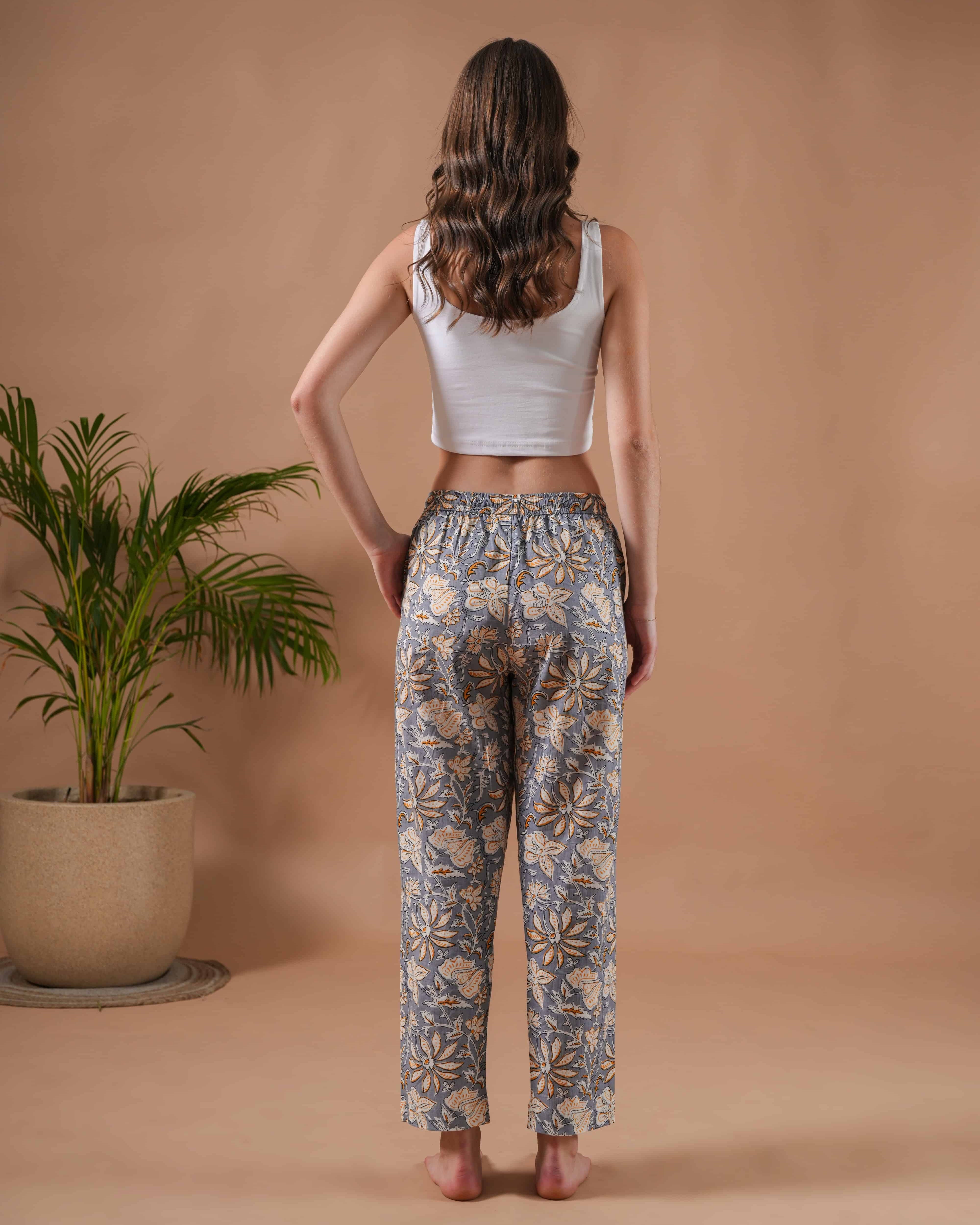 Cotton Pajama Pants Women - Charcoal Blooms