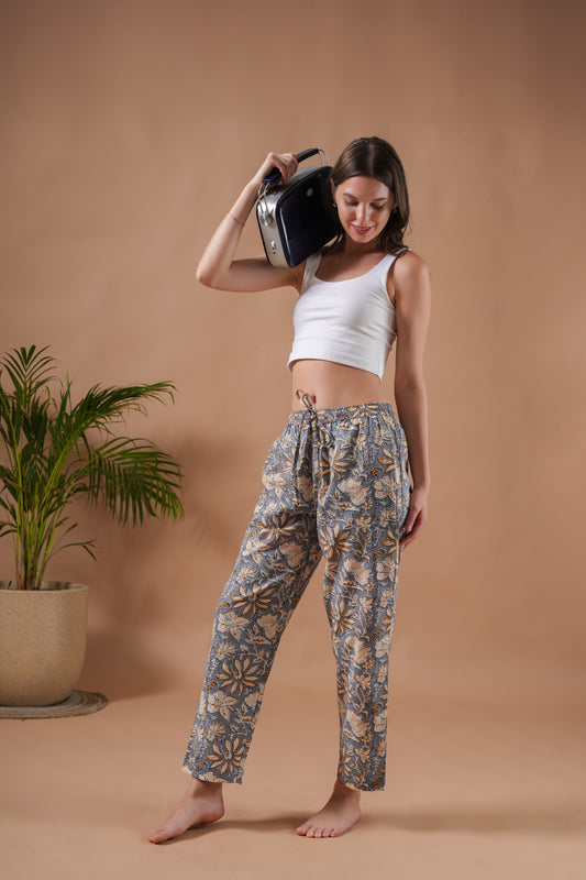 Cotton Pajama Pants Women - Charcoal Blooms
