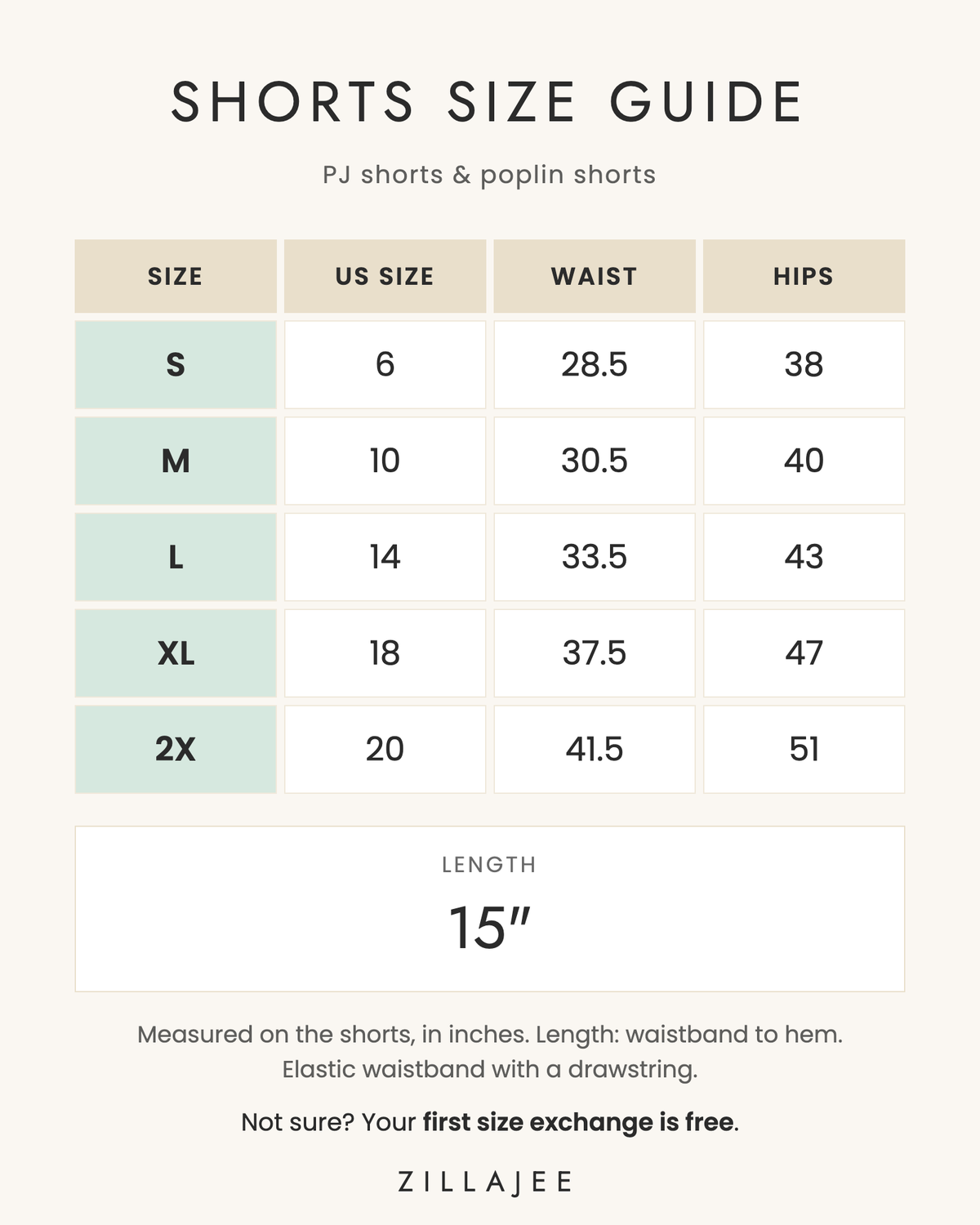 Shorts size chart: S (US 6) waist 28.5, hips 38; M (US 10) 30.5, 40; L (US 14) 33.5, 43; XL (US 18) 37.5, 47; 2X (US 20) 41.5, 51. Length 15 inches.