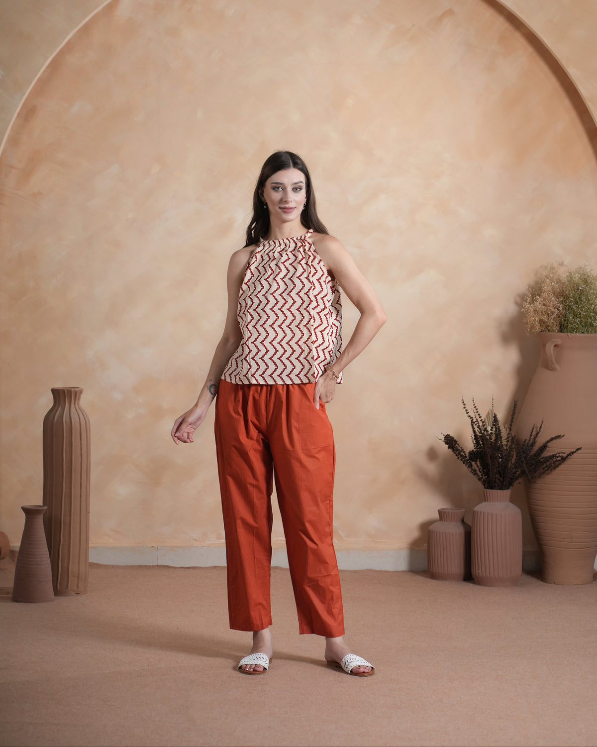 Cotton Strappy Flowy Top, High Neck - Russet Rhythm