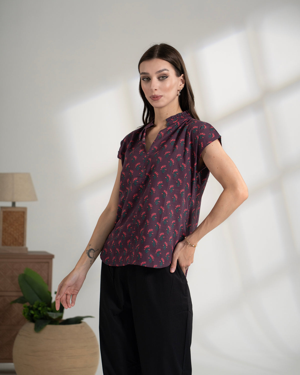 100% Cotton Top Women Cap Sleeve - Palace Garden