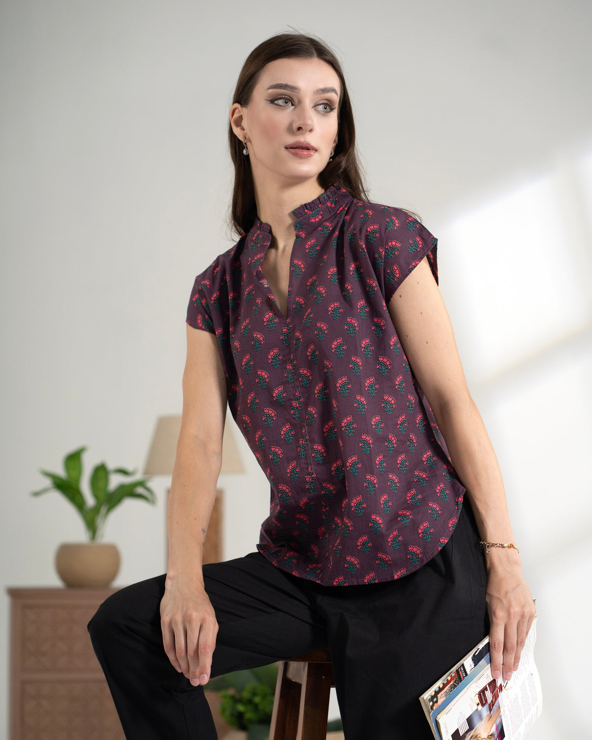 100% Cotton Top Women Cap Sleeve - Palace Garden