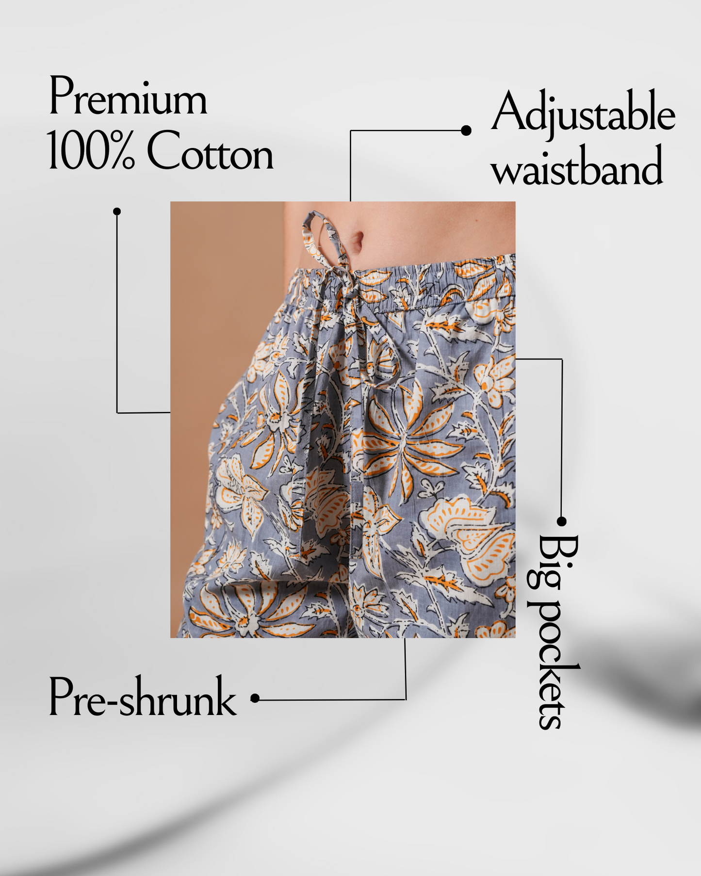 Cotton Pajama Pants Women - Charcoal Blooms