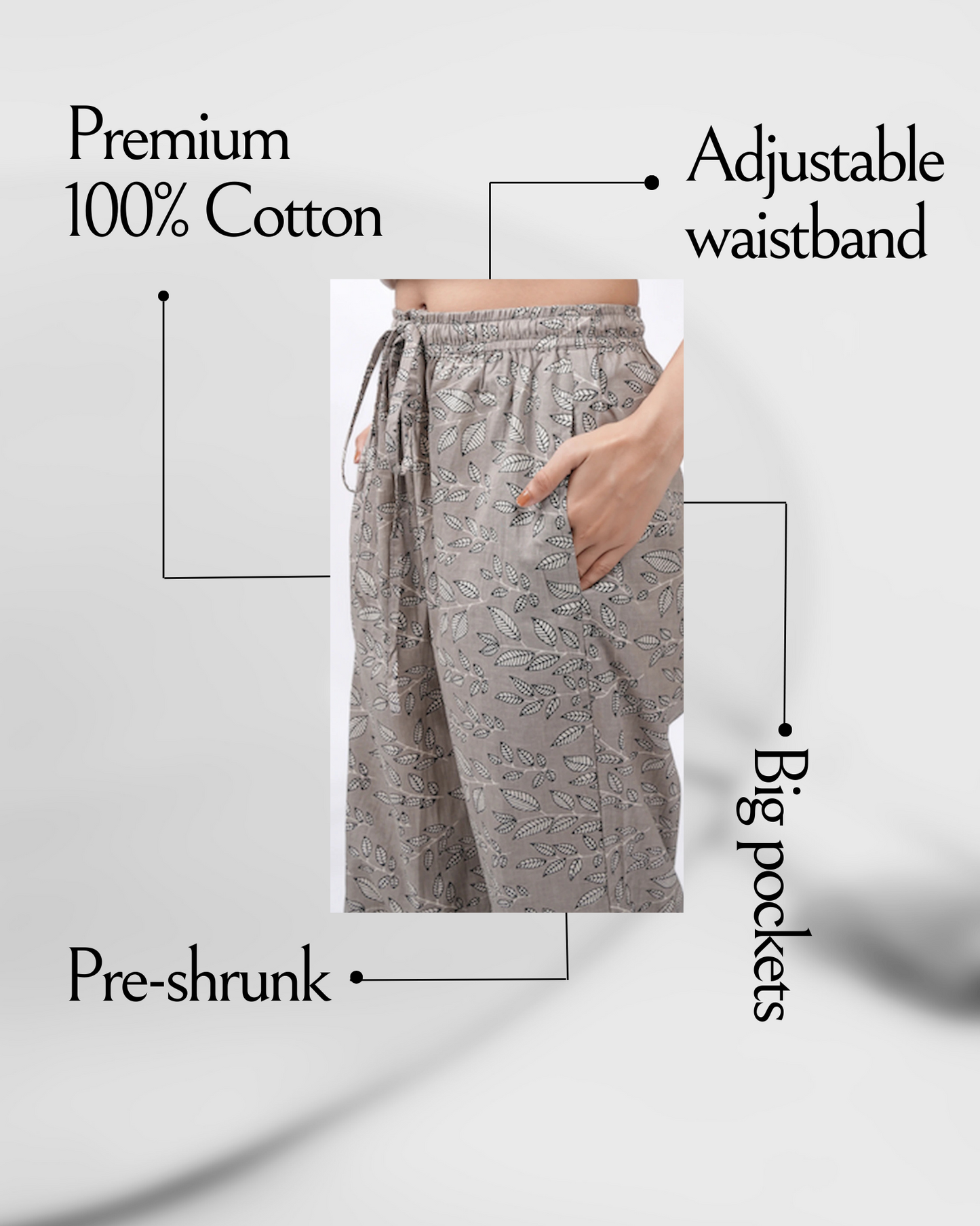 Cotton Pajama Pants Women - Silver Leaves