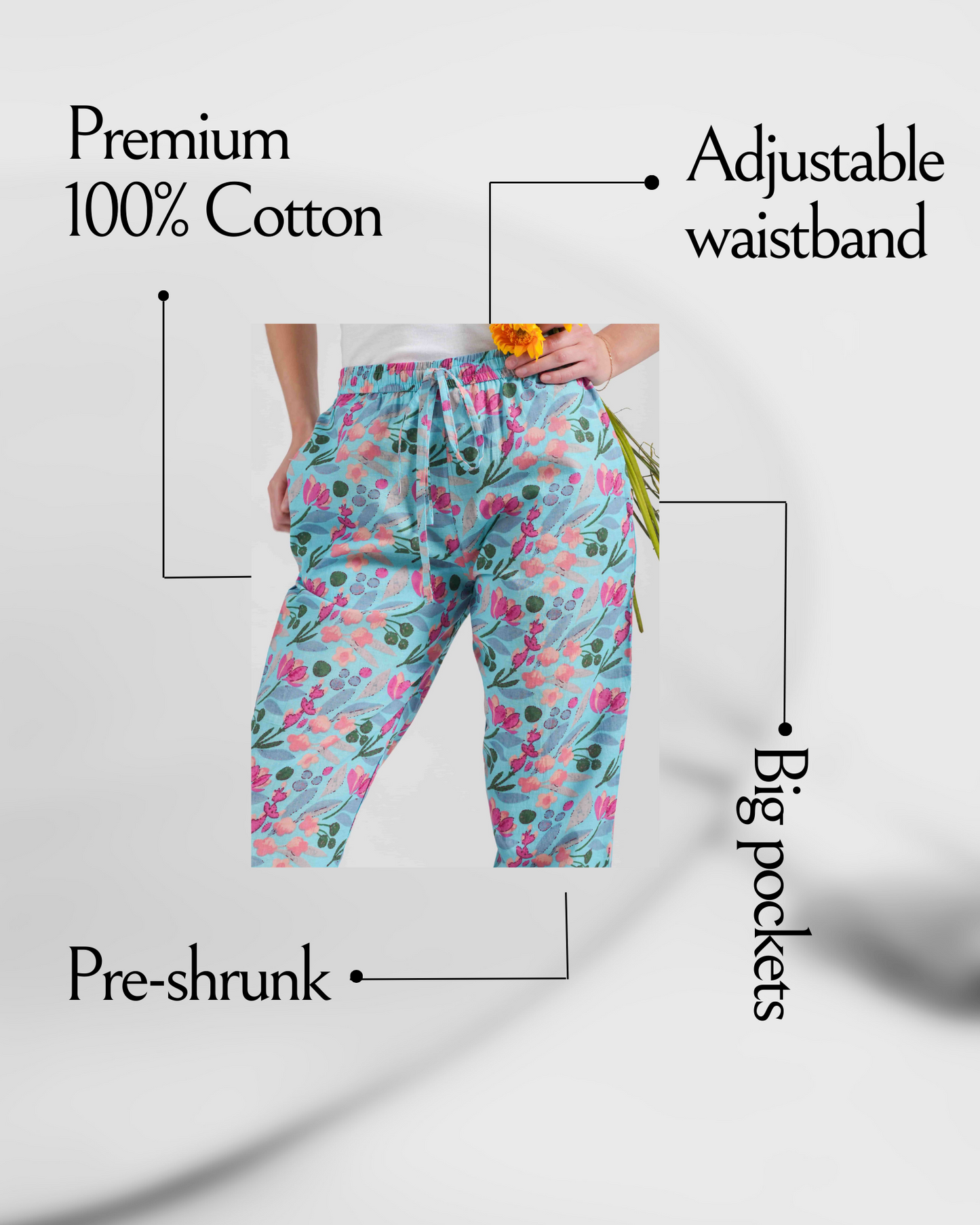 Cotton Pajama Pants Women - Floral Azure
