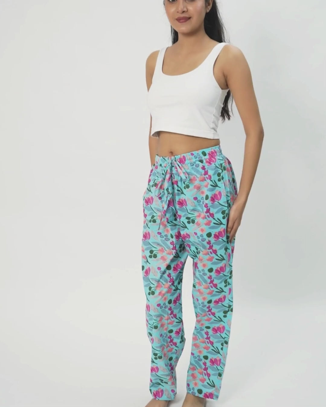Tall Cotton Pajama Pants for Women - Floral Azure