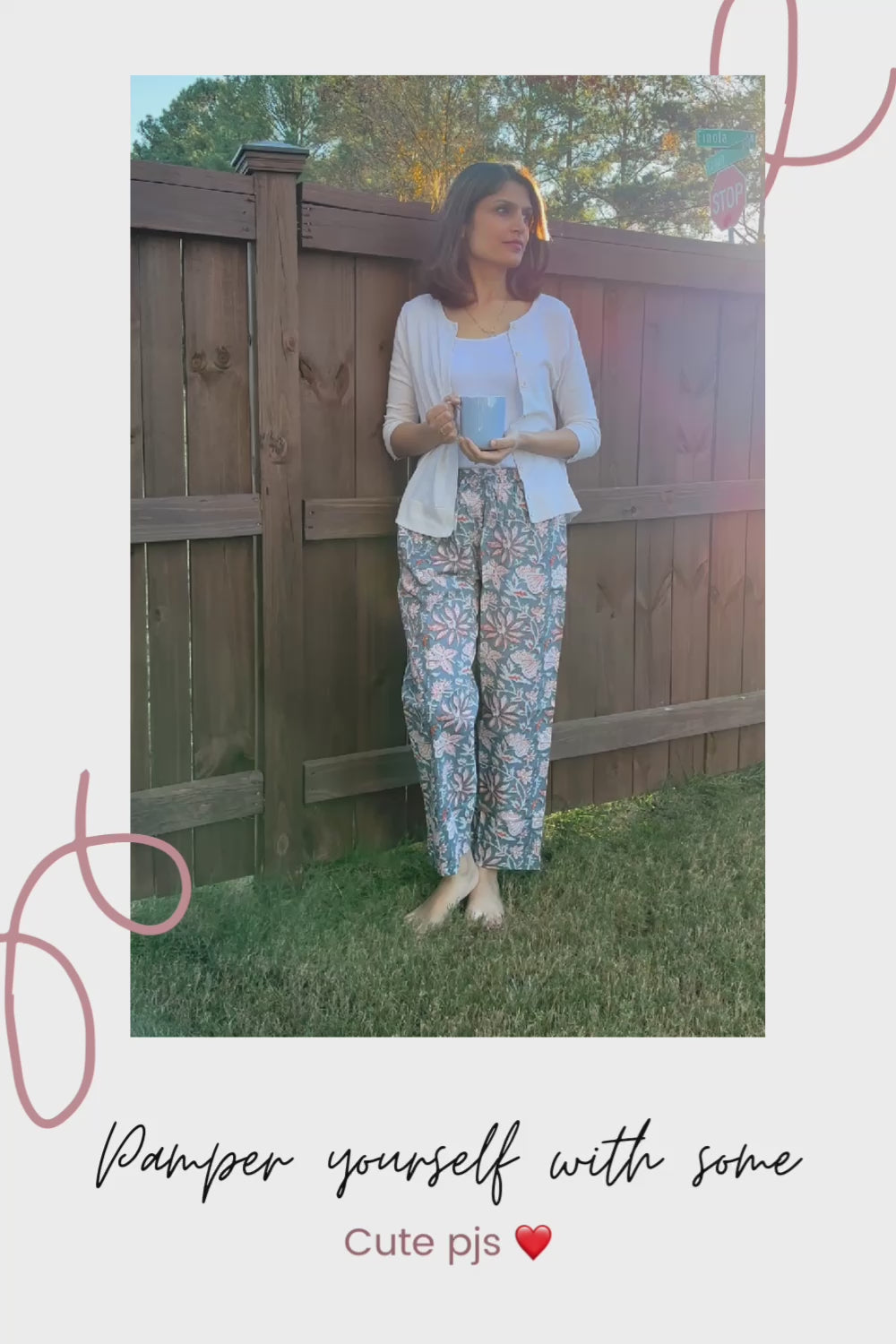 Relaxed fit cotton lounge pants for women, featuring a unique tropical orange flower print on gray, perfect for sleepwear.