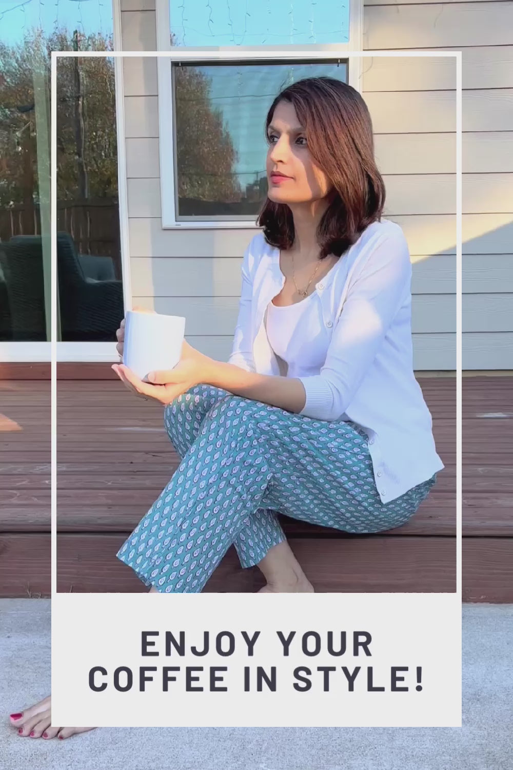 Soft and lightweight 100% cotton pajama pants for women with a dark red fir tree print on green. Perfect for Christmas lounging or as a Christmas gift.