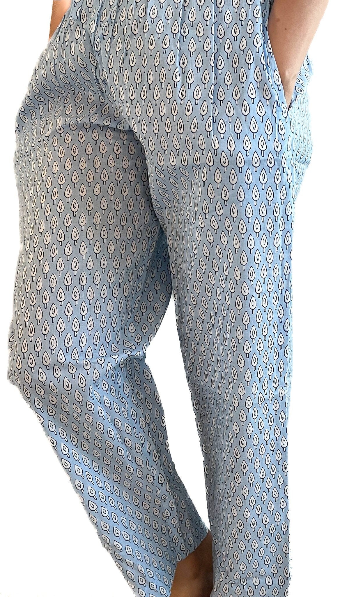 Flowy 100% Cotton Lounge Pants for Women, Vibrant Floral Print on Light Blue with Pockets