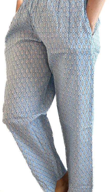 Flowy 100% Cotton Lounge Pants for Women, Vibrant Floral Print on Light Blue with Pockets