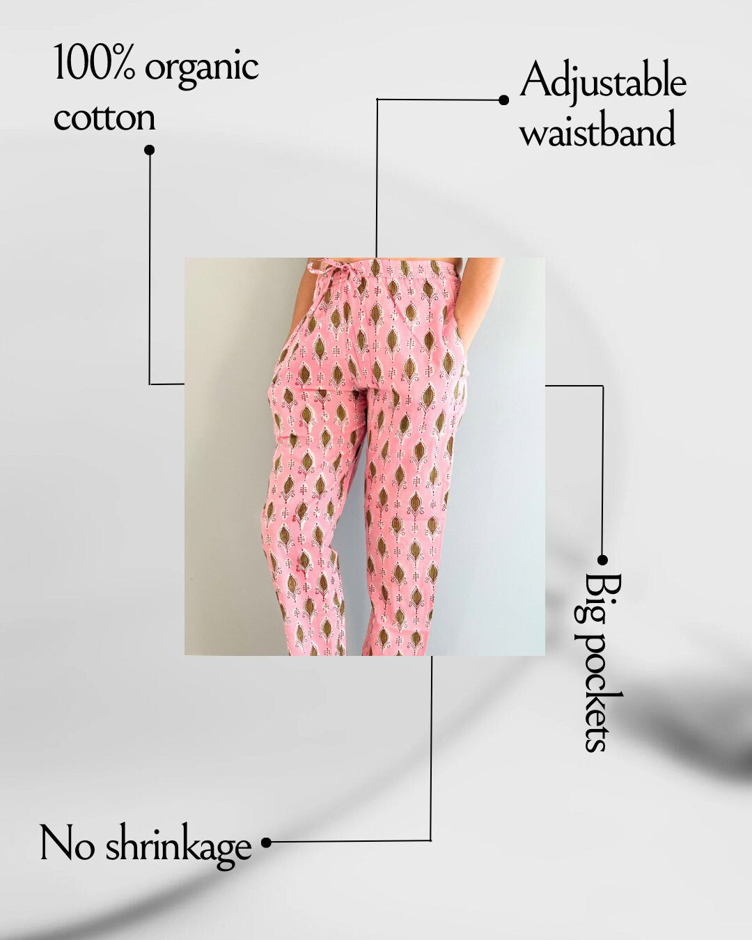 SEO Description: Shop these 100% cotton pajama pants for women featuring a rosy foliage design. Made with ethically sourced organic cotton and natural dyes, these comfy sleep pants come with an elastic waistband, drawstring, and deep pockets. Available in petite, short, tall, plus sizes. Ideal for new moms, girls' weekends, sleepovers, bridal showers, and bachelorettes. Enjoy FREE shipping and same-day dispatch from a small business in North Carolina, USA 🇺🇸.