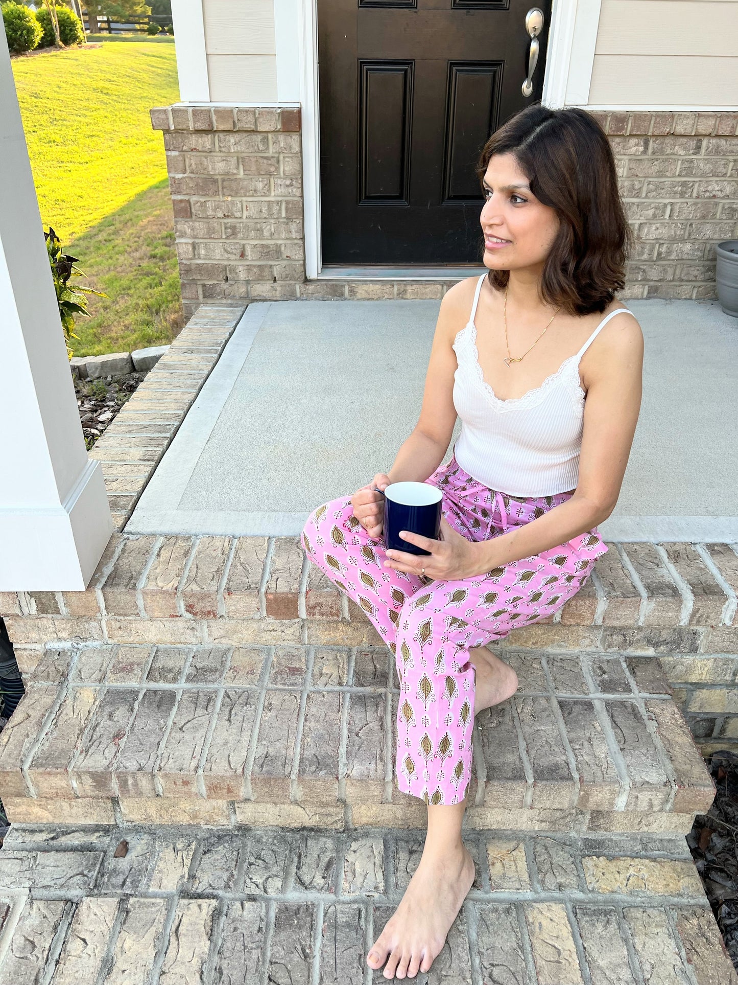 SEO Description: Shop these 100% cotton pajama pants for women featuring a rosy foliage design. Made with ethically sourced organic cotton and natural dyes, these comfy sleep pants come with an elastic waistband, drawstring, and deep pockets. Available in petite, short, tall, plus sizes. Ideal for new moms, girls' weekends, sleepovers, bridal showers, and bachelorettes. Enjoy FREE shipping and same-day dispatch from a small business in North Carolina, USA 🇺🇸.