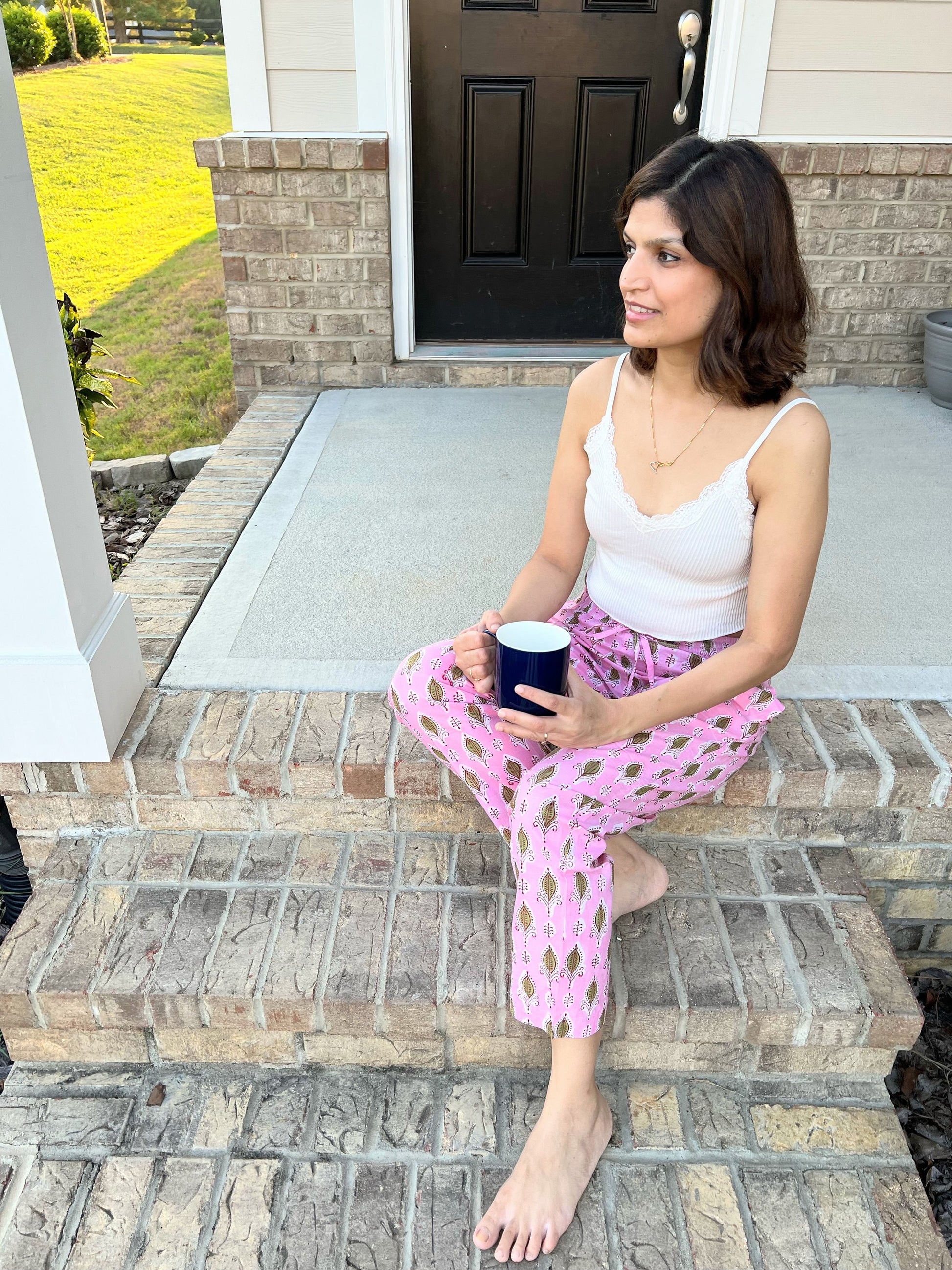 SEO Description: Shop these 100% cotton pajama pants for women featuring a rosy foliage design. Made with ethically sourced organic cotton and natural dyes, these comfy sleep pants come with an elastic waistband, drawstring, and deep pockets. Available in petite, short, tall, plus sizes. Ideal for new moms, girls' weekends, sleepovers, bridal showers, and bachelorettes. Enjoy FREE shipping and same-day dispatch from a small business in North Carolina, USA 🇺🇸.
